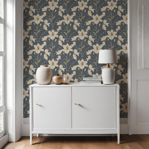 Geometrische Blume Blau Graues Lily Muster Tapete