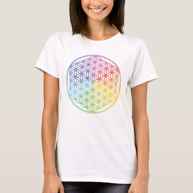 Geometrische "Blume des Lebens" - Regenbogenfarben T-Shirt (Vorderseite)