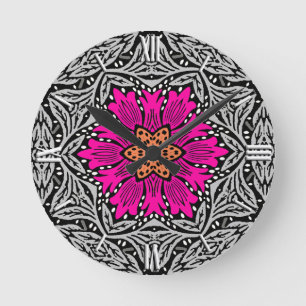 Geometrische Blumen - Fuchsienrosa und Grau Runde Wanduhr