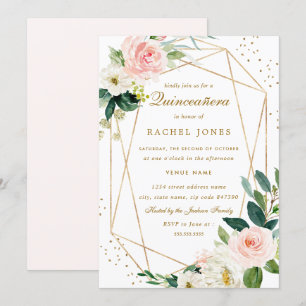 Geometrische Blush Gold Blumen Quinceanera Einladu Einladung