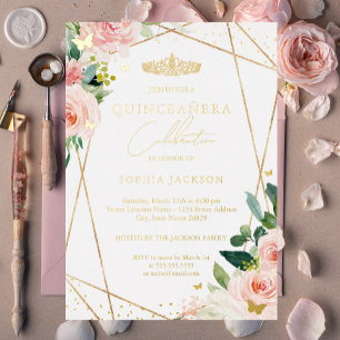Geometrische Blush Gold Floral Quinceanera Folieneinladung