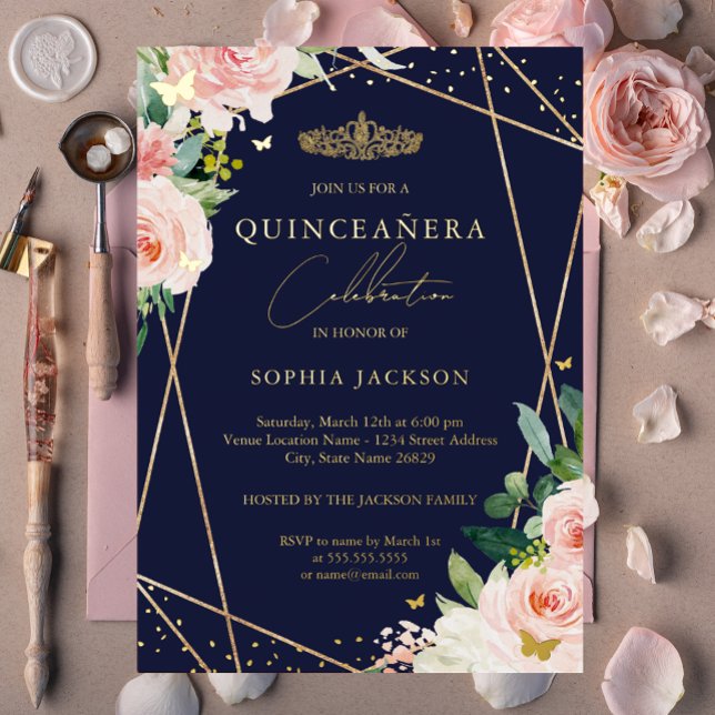 Geometrische Blush Navy Gold Floral Quinceanera Folieneinladung (Von Creator hochgeladen)