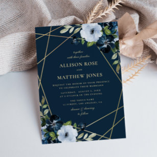 geometrische Blütengolde & blaue Hochzeit Einladung