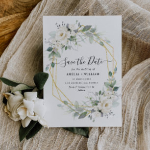 geometrische Blütenhochzeit in Weiß und Gold Save The Date