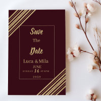 Geometrische bordeaux-goldene Typo Save the Date