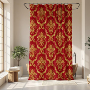 Geometrische Burgundy- und Goldfloral-Damasken Duschvorhang