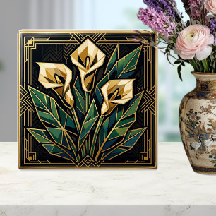 Geometrische Calla-Lilien-Art-Deco-Blumen Gold Grü Fliese