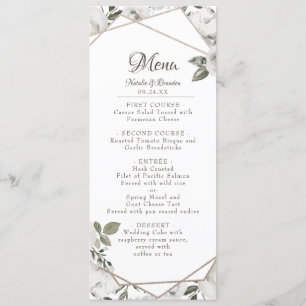 Geometrische Cherish White Floral & Rose Gold Dinn Menükarte