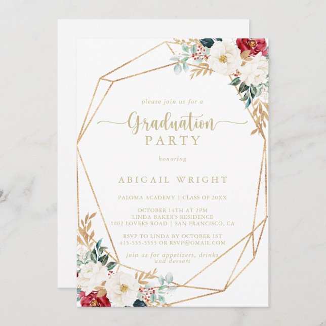 Geometrische Classic Gold Floral Graduation Party Einladung (Vorne/Hinten)