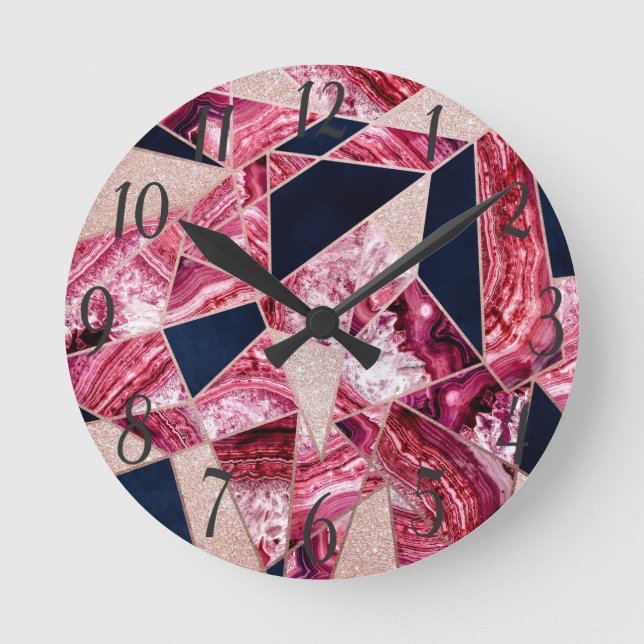 Geometrische Dreiecke der rosa Navy Glitzer Agate  Runde Wanduhr (Vorderseite)