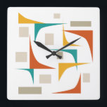 Geometrische Ecken der Atomenzeit Mitte des Jahrhu Quadratische Wanduhr<br><div class="desc">Mit dieser trendigen,  modernen Uhr aus der Mitte des 20. Jahrhunderts können Sie Ihren Wänden einen farbenfrohen Pop verleihen! Es zeichnet sich durch die lustigen Farben aquamarin blau,  verbrannt,  braun und gelborange geometrische Formen aus.</div>