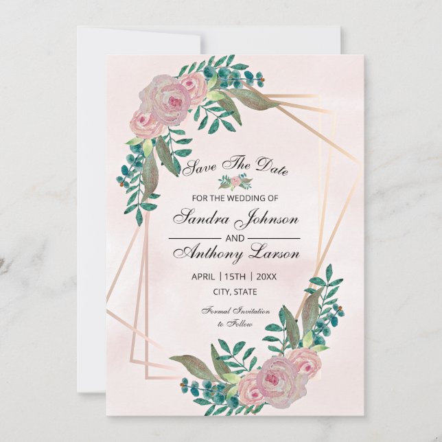 Geometrische elegante Wasserfarbenblush-Rose Save The Date (Vorderseite)