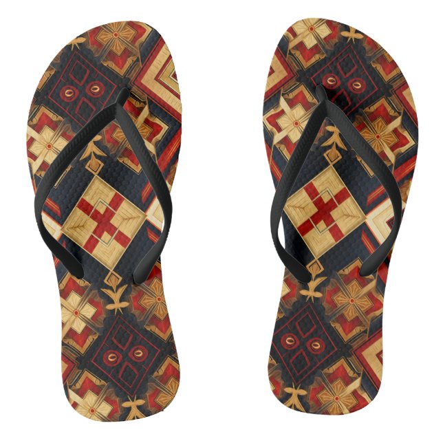 Geometrische Eleganz Nahtloses Muster Red Gold Bla Flip Flops (Fußbett)