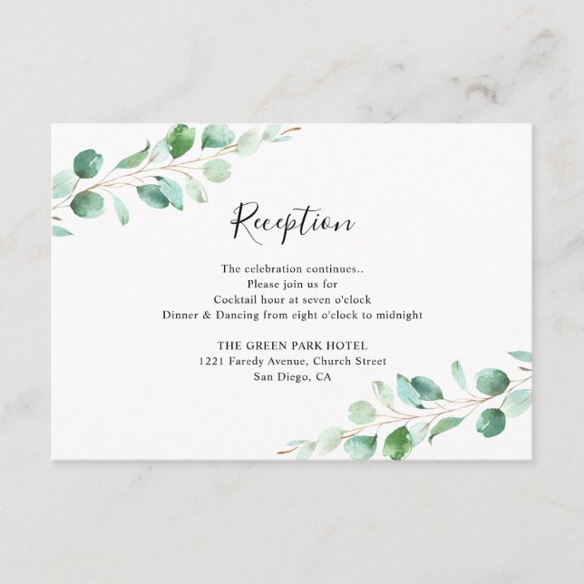 Geometrische Eukalyptus Greenery-Empfang-Karte Begleitkarte (Vorderseite)