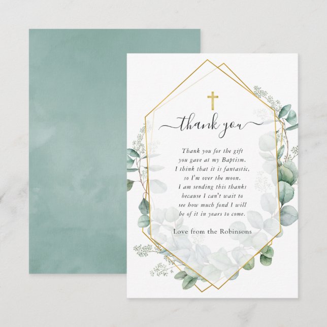 Geometrische Eukalyptus-Taufe Dankeskarte (Vorne/Hinten)