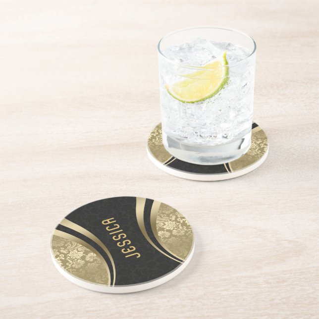 geometrische Formen aus Schwarz und Gold, monogram Getränkeuntersetzer (Seite)