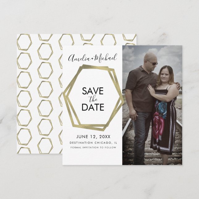 Geometrische Formen Gold Save the Date Karte (Vorne/Hinten)