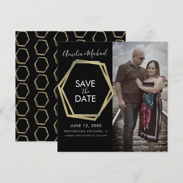 Geometrische Formen Save the Date Gold Karte (Vorne/Hinten)