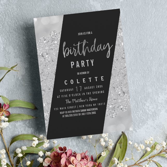 Geometrische Glasur Schwarz-Silber-Glitzer Geburts Einladung (Geometric glam black silver glitter Birthday Party)