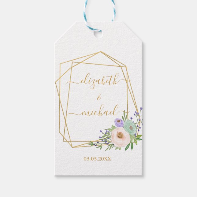 Geometrische Gold-Pastel-Blumen-Hochzeit Geschenkanhänger (Vorderseite)