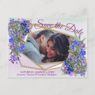 Geometrische Gold- und LavenderBlume Save the Date Ankündigungspostkarte