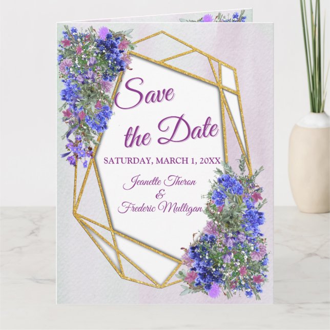 Geometrische Gold- und LavenderBlume Save the Date Karte (Vorderseite)