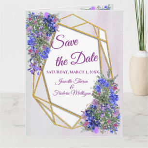 Geometrische Gold- und LavenderBlume Save the Date Karte