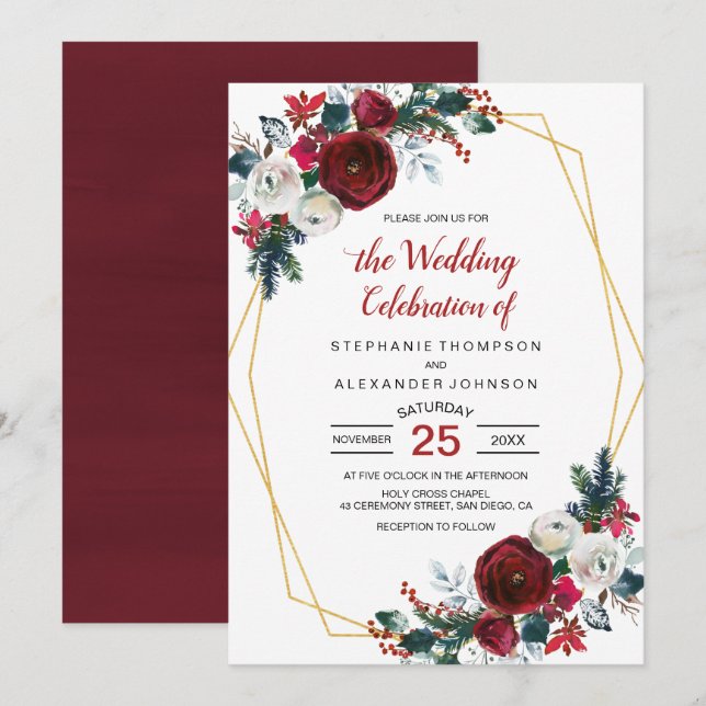 Geometrische Goldrahmen Burgundy Winter-Blume Einladung (Vorne/Hinten)