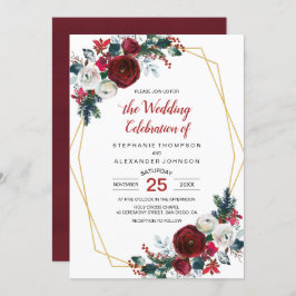 Geometrische Goldrahmen Burgundy Winter-Blume Einladung