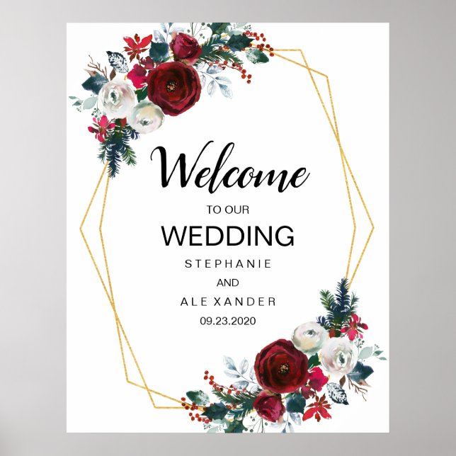 Geometrische Goldrahmen Burgundy Winter-Blume Poster (Vorne)