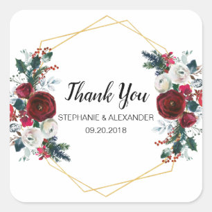 Geometrische Goldrahmen Burgundy Winter-Blume Quadratischer Aufkleber