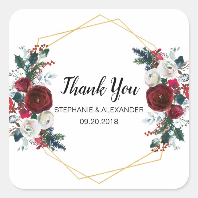 Geometrische Goldrahmen Burgundy Winter-Blume Quadratischer Aufkleber (Vorderseite)