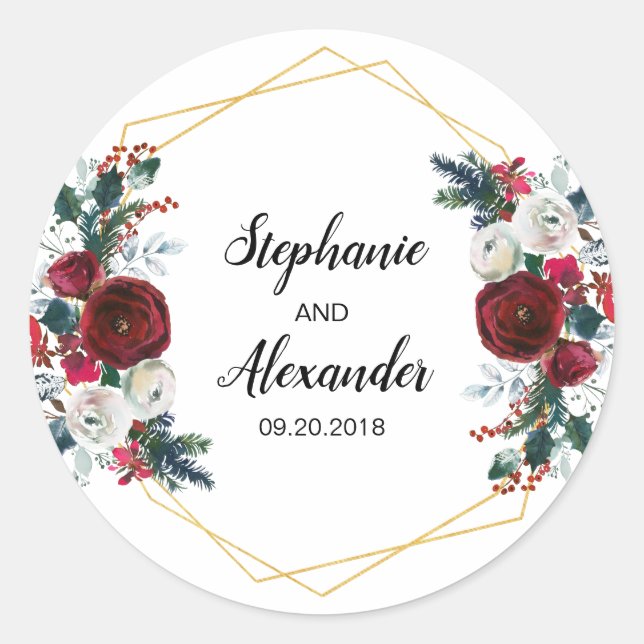 Geometrische Goldrahmen Burgundy Winter-Blume Runder Aufkleber (Vorderseite)