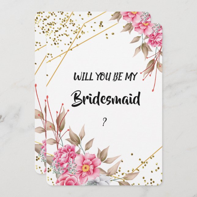 Geometrische Goldrahmen Rosa Blumenüberdachung Einladung (Vorne/Hinten)