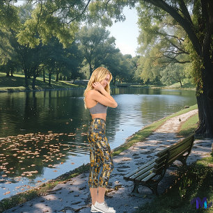 Geometrische Harmonie: Abstraktes Blau- und Goldmu Capri Leggings