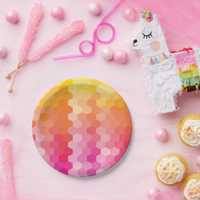 Geometrische Hexagon-Teller, rosa und gelb Pappteller (Party)