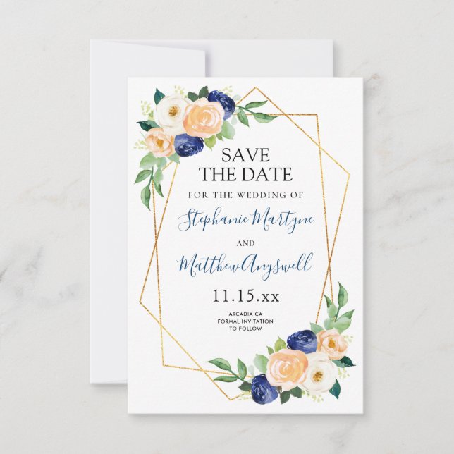 Geometrische Hochzeit der Blauen Pfirsichkoralle Save The Date (Vorderseite)