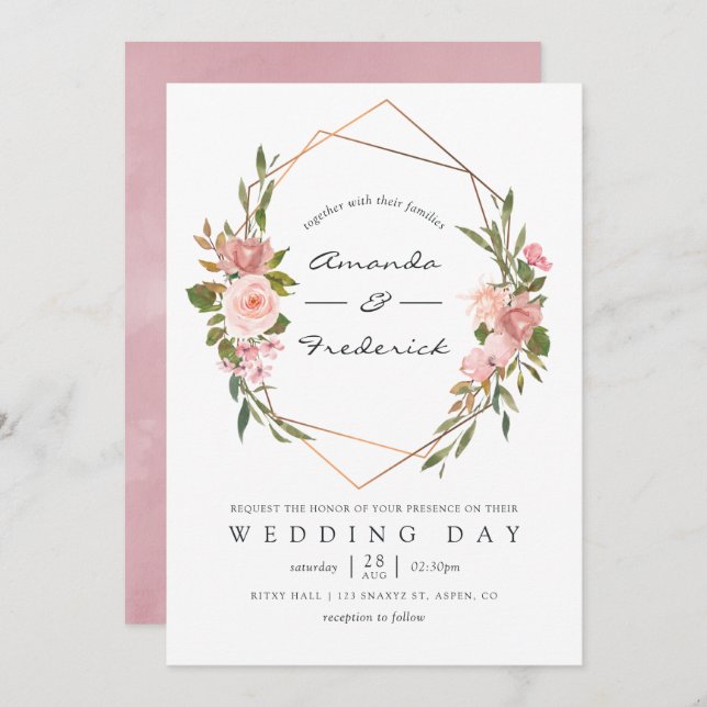 Geometrische Hochzeit der Rose Gold und Rosa Einladung (Vorne/Hinten)