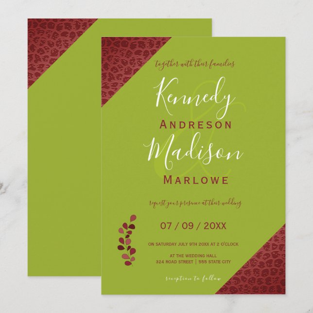 Geometrische Hochzeit mit rotem Leder, nicht binär Einladung (Vorne/Hinten)