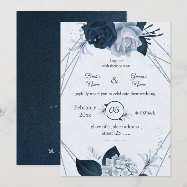 geometrische Hochzeit von blauen und blauen Blumen Einladung (Vorne/Hinten)