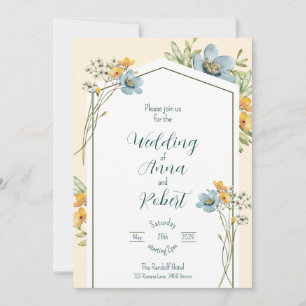 Geometrische Hochzeit von blauen und gelben Wildbl Einladung