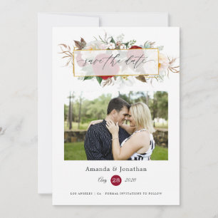Geometrische Hochzeit von Burgund Rot und Weiß Save The Date