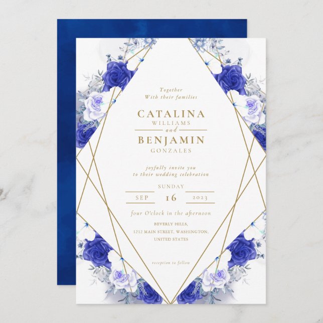 Geometrische Hochzeit von Navy Blue Lila Gold Lett Einladung (Vorne/Hinten)