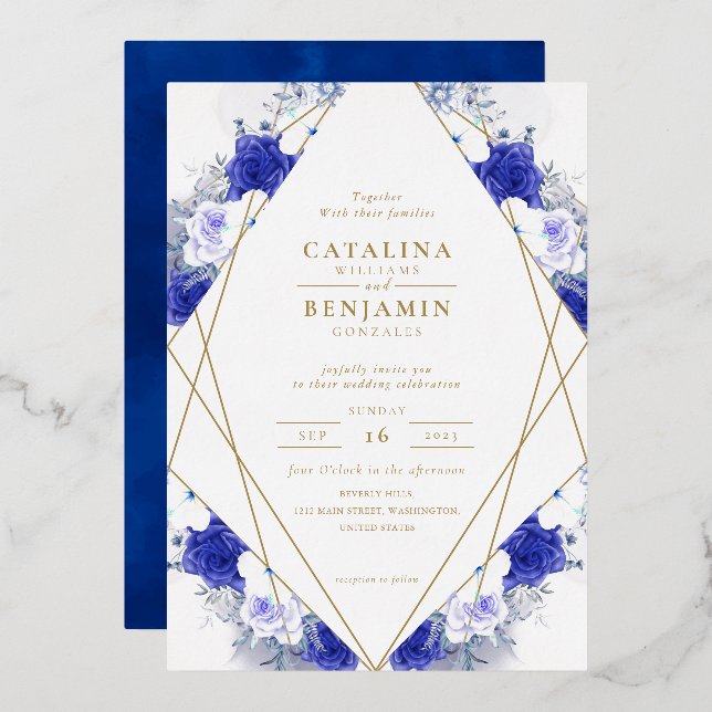 Geometrische Hochzeit von Navy Blue Lila Gold Lett Folieneinladung (Vorderseite/Rückseite)