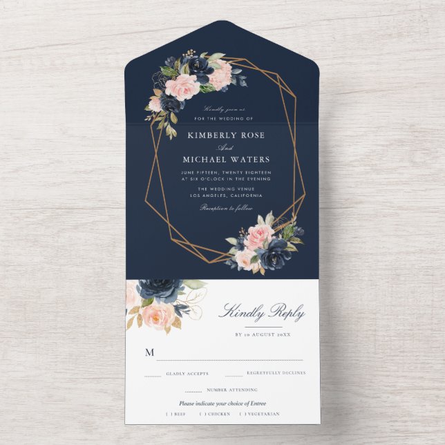 geometrische Hochzeit von Navy und Blush Blume All In One Einladung (Innen Boden)