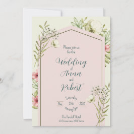 Geometrische Hochzeit von weißen und grünen Wildbl Einladung