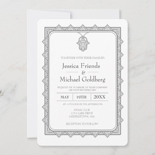 geometrische Hochzeitseinladung mit grauem Hamsa Einladung (Vorderseite)