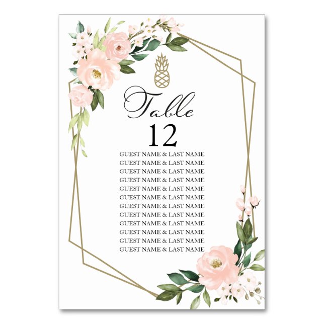 Geometrische Hochzeitssitzkarte (blush pink floral Tischnummer (Vorderseite)