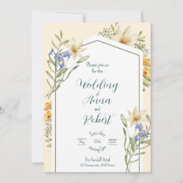 Geometrische Hochzeitsskala der Wildblumen Weiß un Einladung