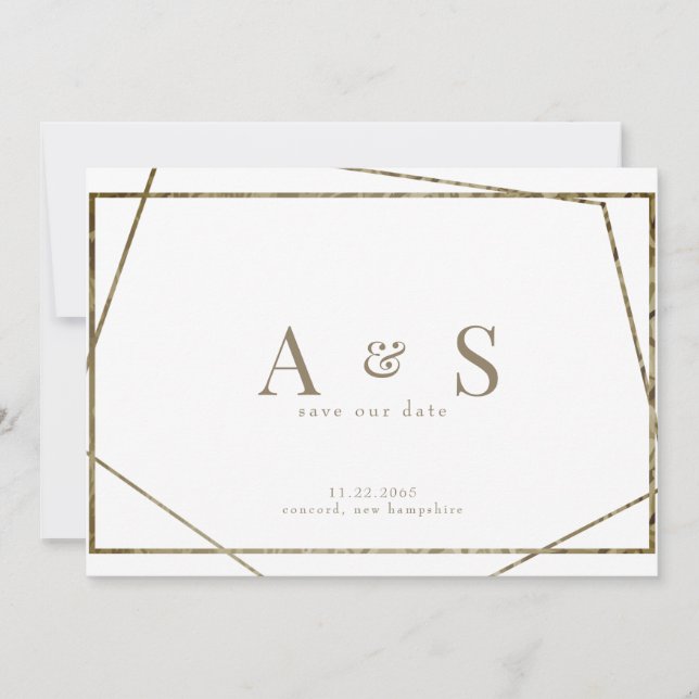 Geometrische Hochzeitung mit Goldtext-Monogramm sp Save The Date (Vorderseite)